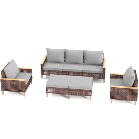 5 Piece Rattan Terrace Furniture Set, 7 Seats Cushions, High Footed Design