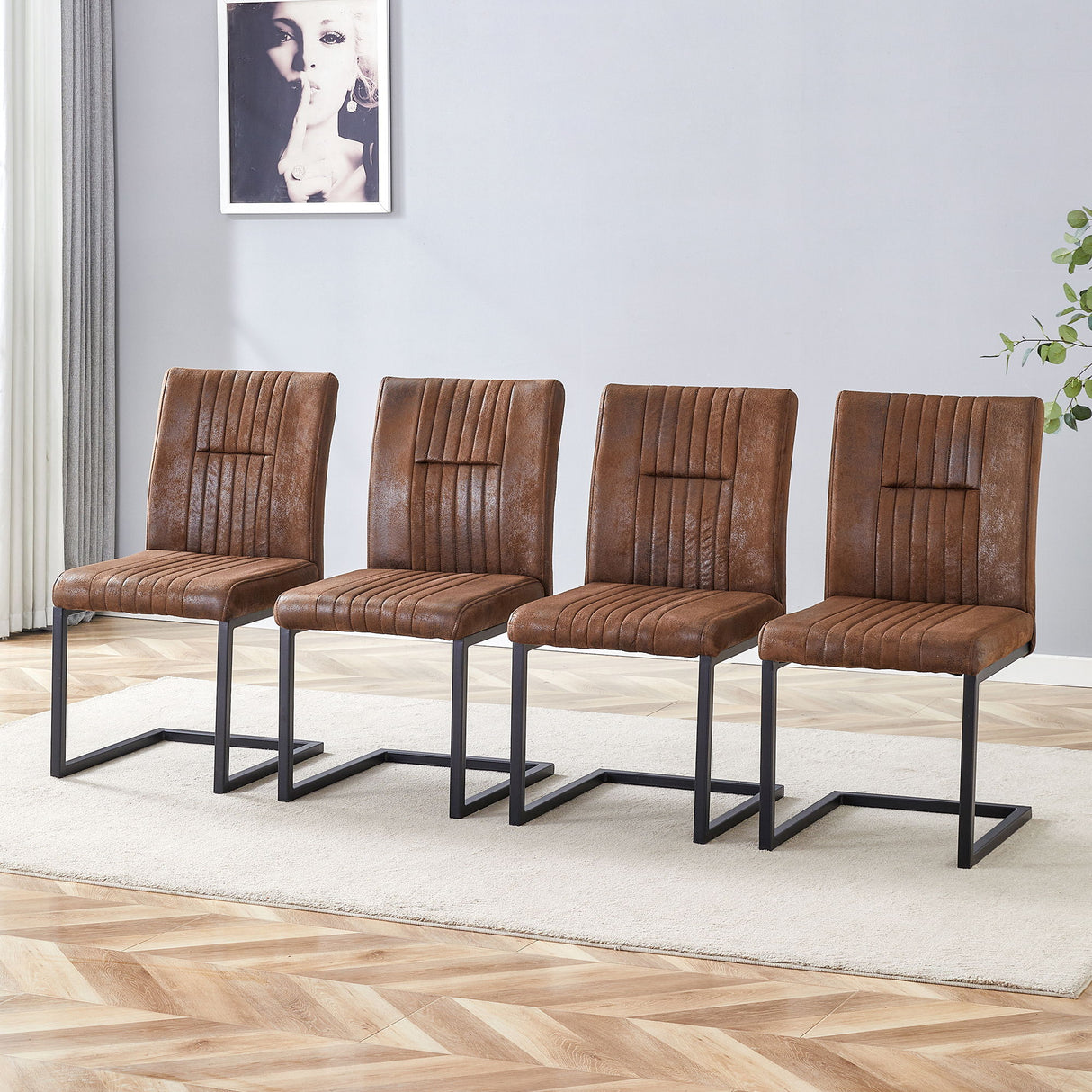 Ergonomic Technology Fabric Dining Chairs With Black Metal Legs, Comfortably Simple Design, (Set of 4) - Brown
