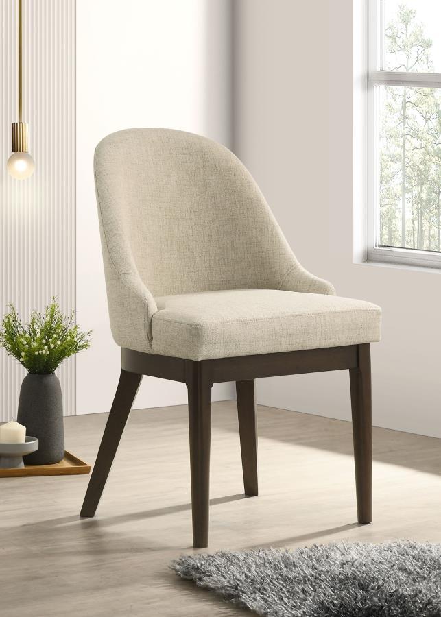 Reseda Upholstered Dining Side Chairs Set of 2 – Beige Fabric with Curved Backrest, Padded Seat, Ash Brown Hardwood Frame, Modern Dining Seating