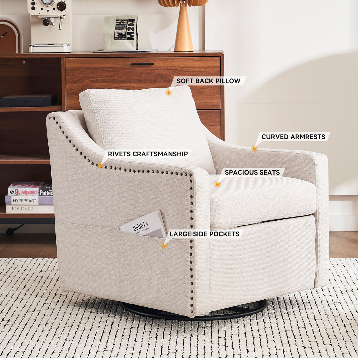 Linen Fabric 360° Swivel Accent Chair With Upholstered Back Pillow And Rivet Armrest