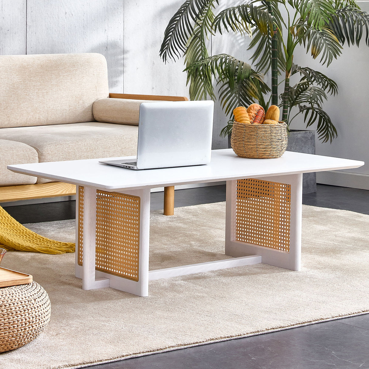 Chinese Style White Solid Wood And Imitation Rattan Coffee Table