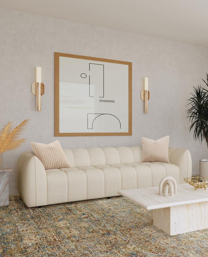 Winchester Boucle Upholstered Extra Long Sofa in Sand Pebble – Modern Oversized Couch with Plush Channel Tufting, Wide Arms & Accent Pillows
