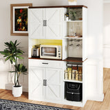 Farmhouse Kitchen Pantry Sideboard With Cabinet And Drawer, Multi Functional Kitchen Buffet With Hutch And Glass Holder, Microwave Stand With Charging Station - Brown / Antique White