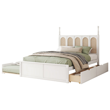 Queen Size Platform Bed With With 2 Big Drawers Twin Size Trundle - White