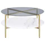 Jonelle - Round Glass Top Coffee Table Marble Shelf - Gold / White
