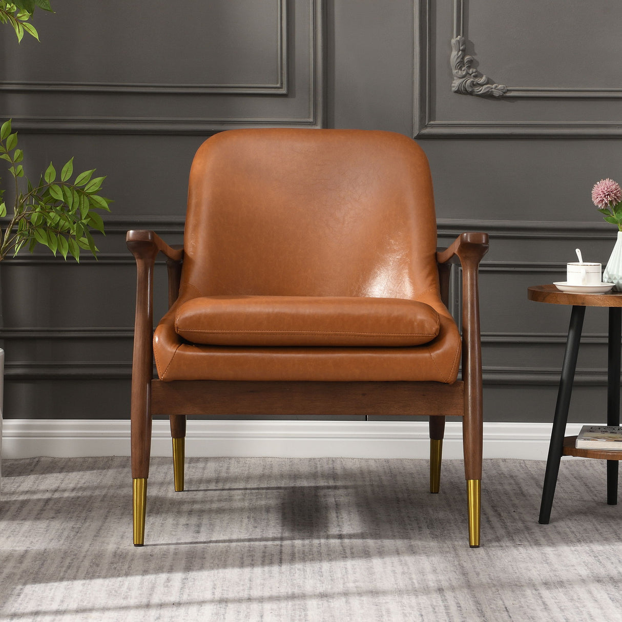 Mid - Century Accent Chair With Cushioned Seat, Brass Tipped Legs