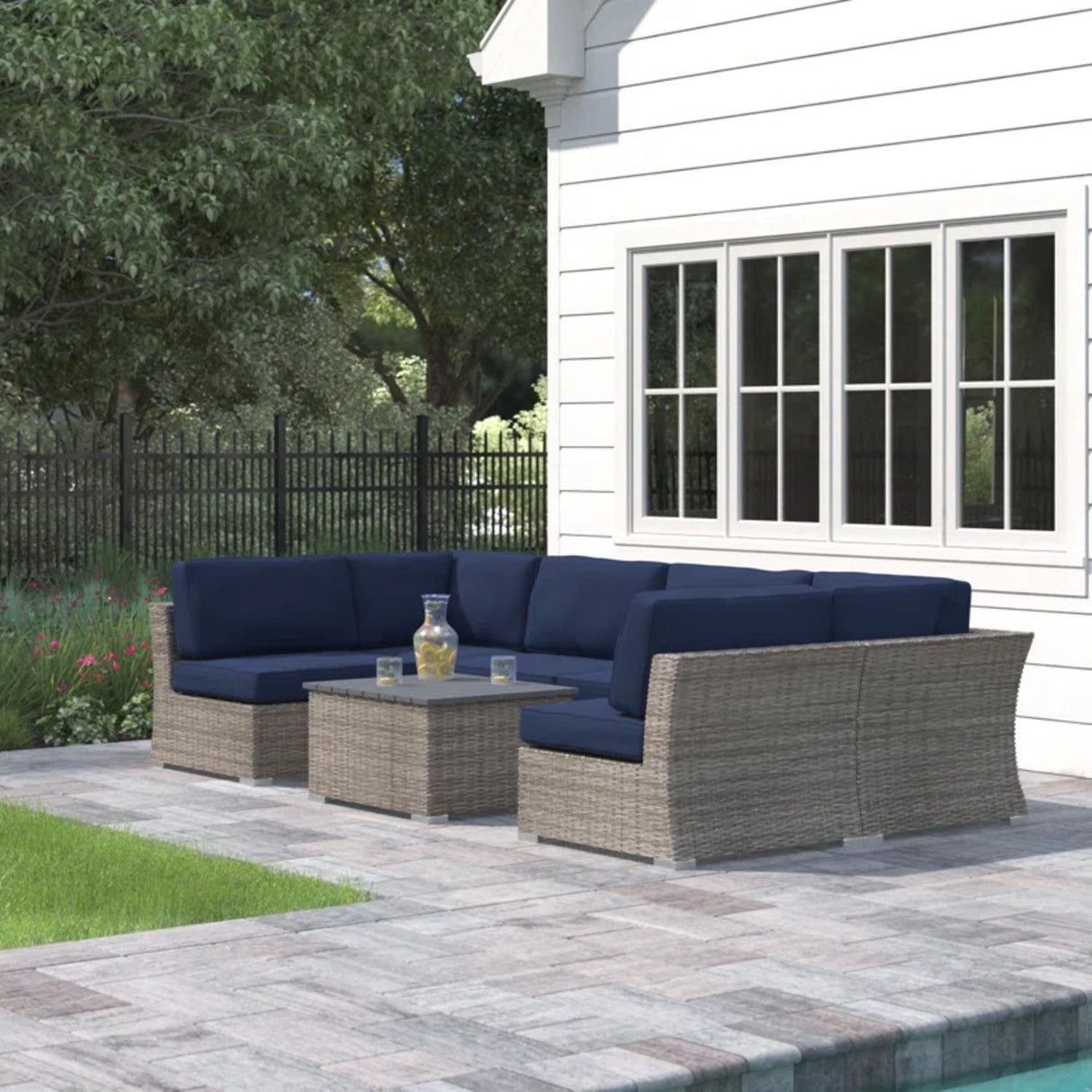 4 Person Wicker Seating Group With Sunbrella Fabric - Gray Mix / Navy Blue