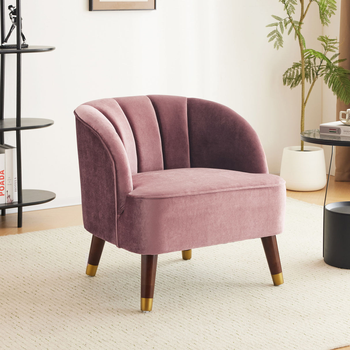 Elegant Upholstered Barrel Accent Chair With Wooden Legs