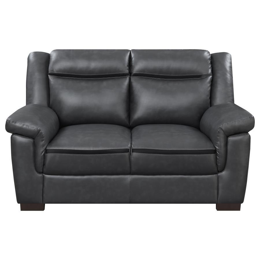 Arabella Upholstered Padded Arm Loveseat – Modern Gray Faux Leather Living Room Seating with Contrasting Stitching and Cozy Cushioned Comfort