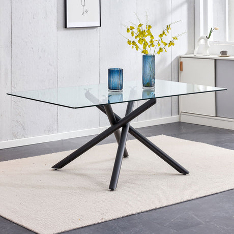 Modern Minimalist Rectangular Glass Dining Table For 6 - 8 With Tempered Glass Top And Metal Legs - Black / Transparent