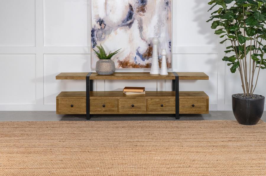 Otto 5-Drawer Mango Wood TV Stand Media Console in Brown with Gunmetal Legs, Floating Shelf, Contemporary Storage for TVs up to 75", Modern Living Room