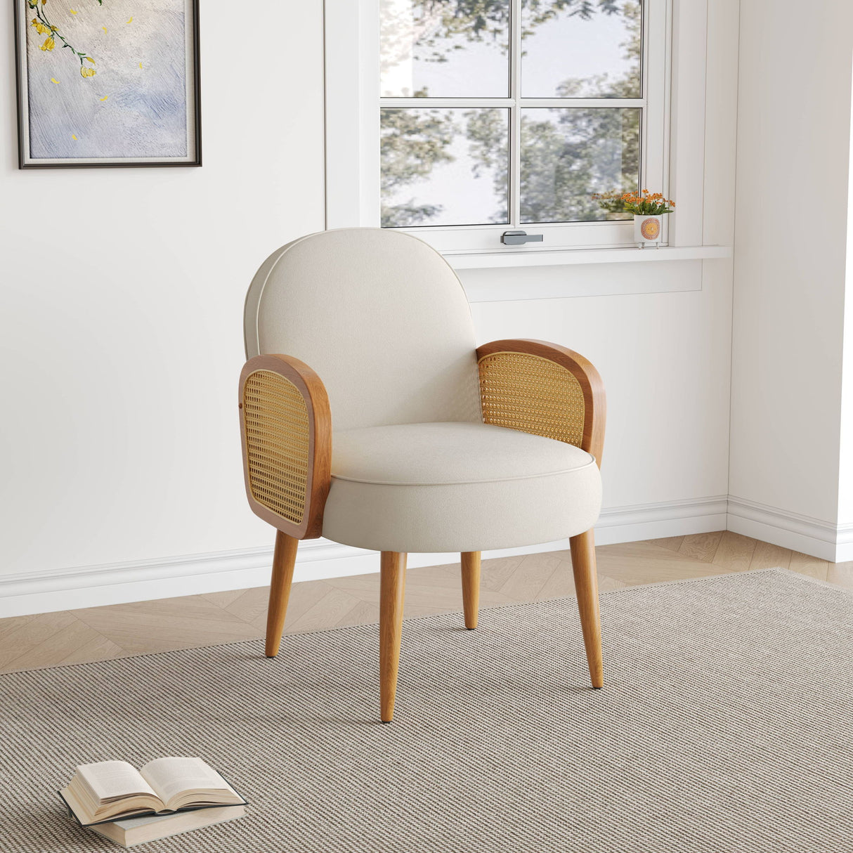Accent Chair With Rattan Armrests And Wooden Legs Velvet For Living Room