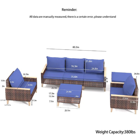 7 Pieces Patio Furniture Set, Wicker Dining Set With Removable Cushions Cotton And Rattan - Blue