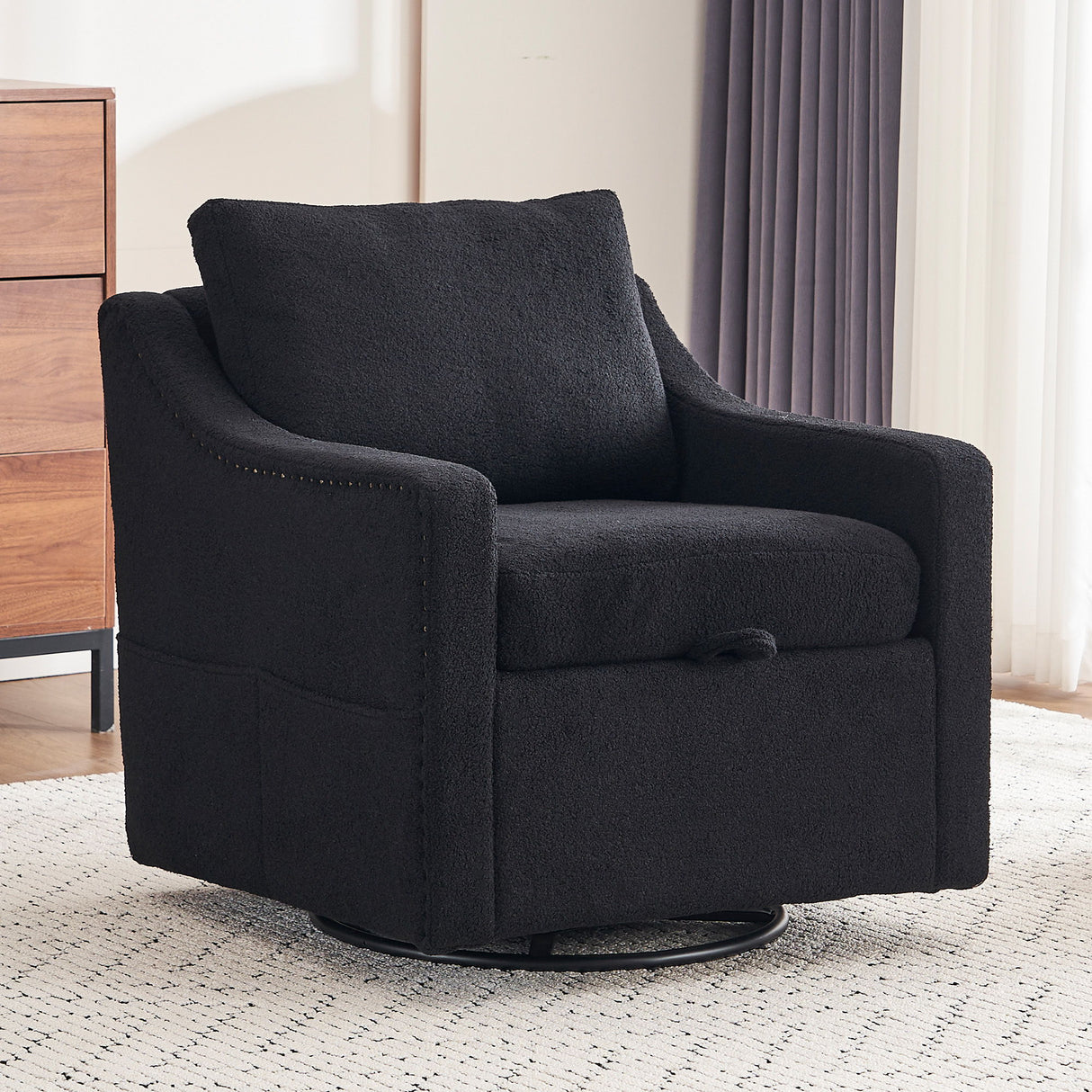 Linen Fabric 360° Swivel Accent Chair With Upholstered Back Pillow And Rivet Armrest