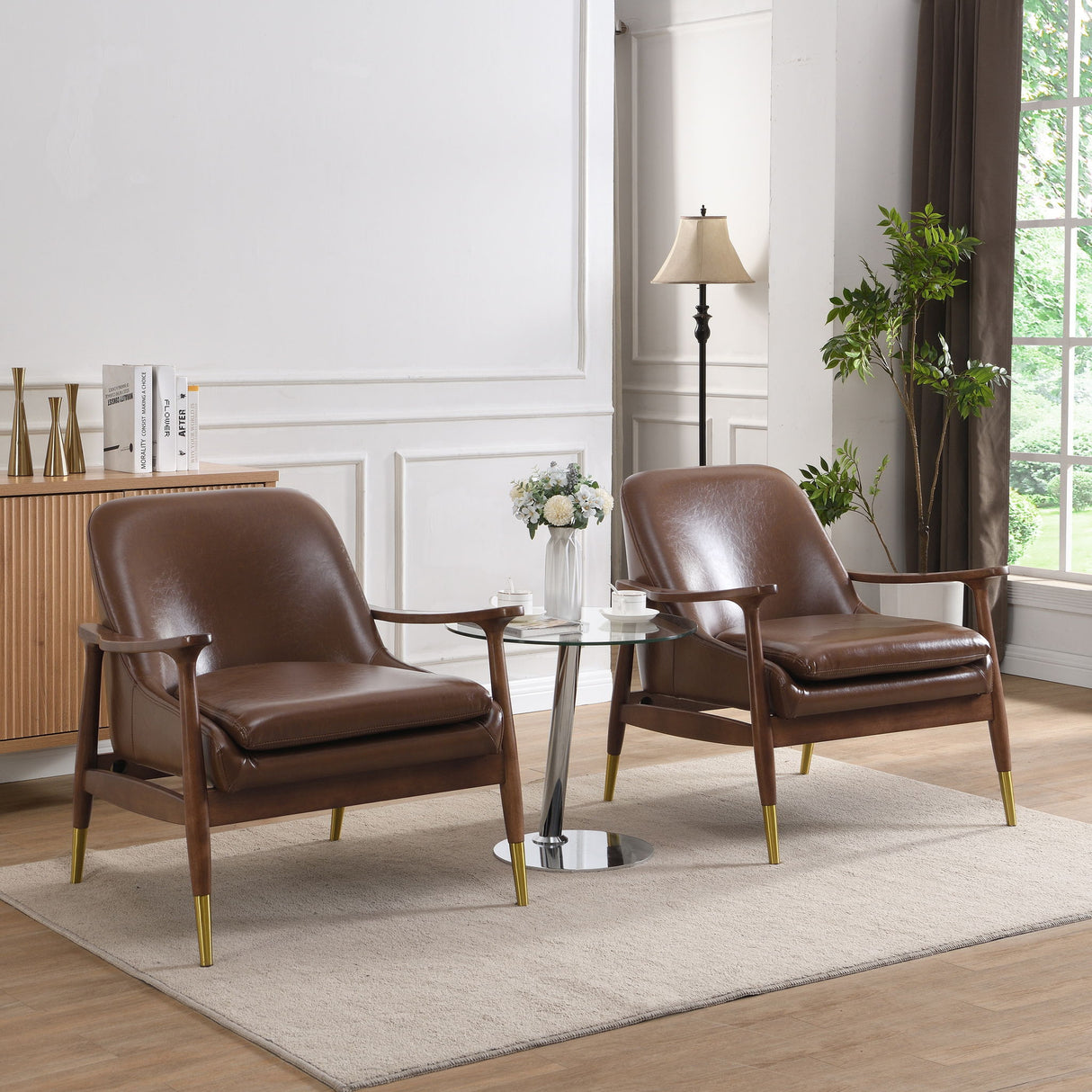 Mid - Century Accent Chair With Cushioned Seat, Brass Tipped Legs