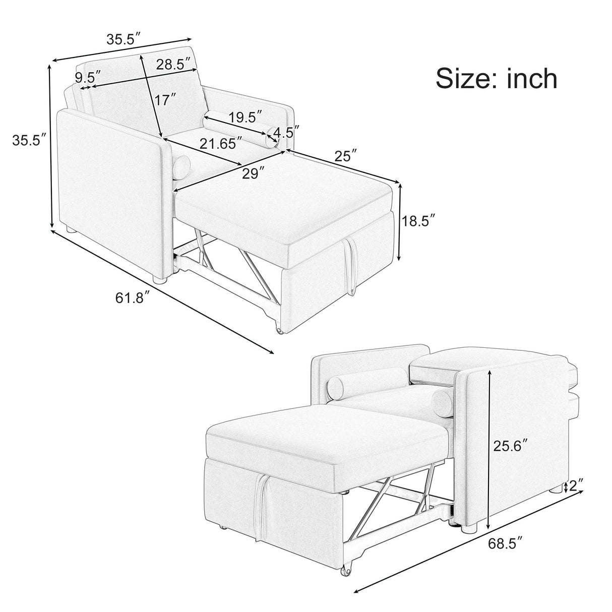 3 In 1 Convertible Sleeper Chair With Adjustable Backrest, Lounger Chair Turns Into Bed