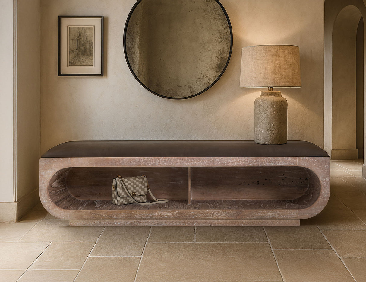 White Balam - Wooden Bench With Cushioned Seat - Ivory White