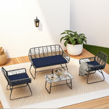 4 Piece Wicker Patio Furniture Set With Tempered Glass Table And Detachable Cushions
