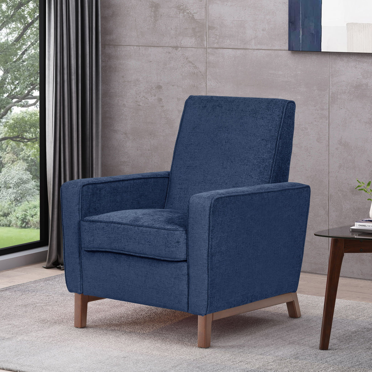 Mid Century Modern Club Chair With Upholstery And Rubberwood Legs - Navy Blue