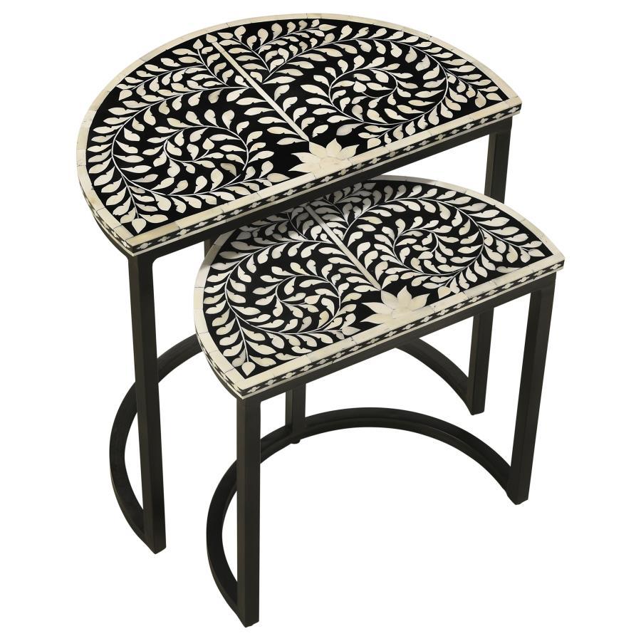 Zakiya 2-Piece Demilune Nesting Table Set in Black & White – Semi-Circle Accent Tables with Bone Inlay, Iron Base, Stylish Living Room Décor