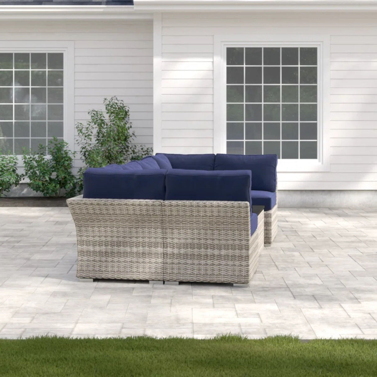 4 Person Wicker Seating Group With Sunbrella Fabric - Gray Mix / Navy Blue