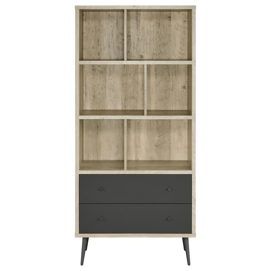 Maeve - 3-Shelf Bookcase with Drawers in Distressed Pine – Scandinavian-Inspired Vertical Storage with Dividers, Drawers, and Tapered Metal Legs