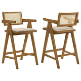 Kane - Solid Wood Bar Stool With Woven Rattan Back and Upholstered Sea (Set of 2) - Light Walnut And Sand