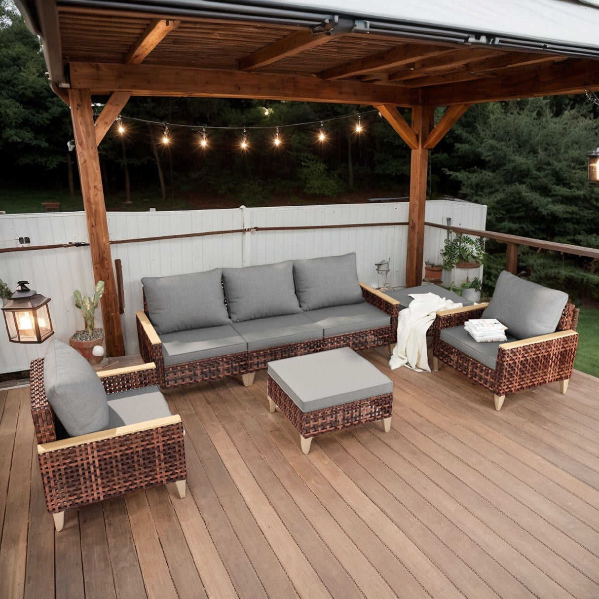 5 Piece Rattan Terrace Furniture Set, 7 Seats Cushions, High Footed Design