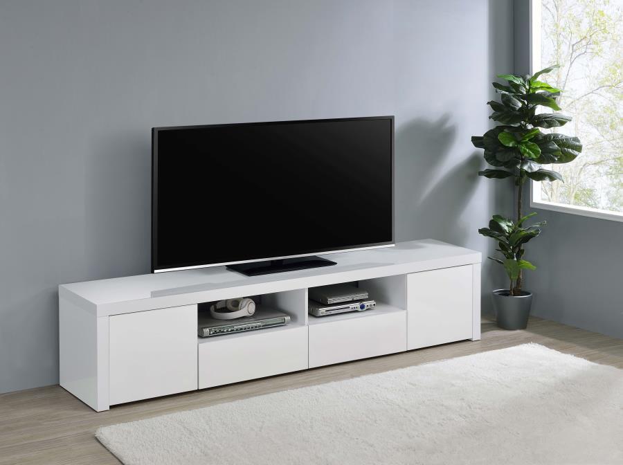 Jude 2 Door Engineered Wood TV Stand with High Gloss White Finish, Open Shelves & Soft-Close Drawers – Modern Media Console for Living Room Storage
