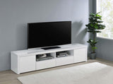 Jude 2 Door Engineered Wood TV Stand with High Gloss White Finish, Open Shelves & Soft-Close Drawers – Modern Media Console for Living Room Storage