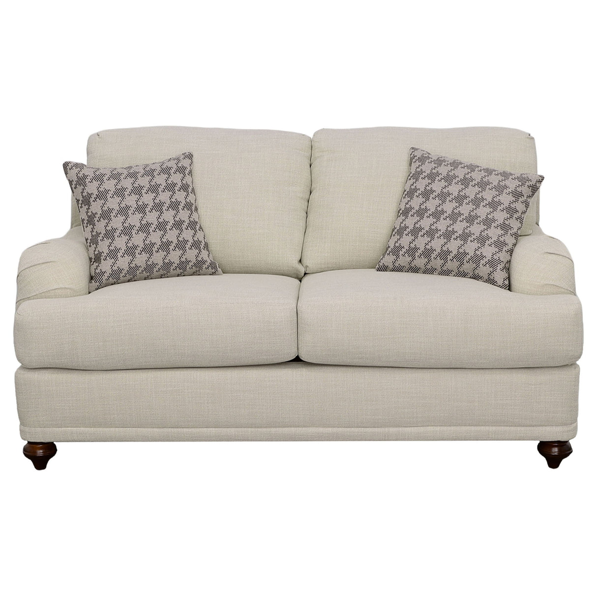 Glenn Upholstered English Arm Loveseat, Light Gray Linen-Like Fabric, Reversible Cushions, Espresso Bun Legs, Farmhouse Style, Includes Accent Pillows