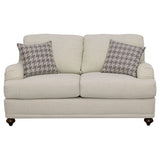 Glenn Upholstered English Arm Loveseat, Light Gray Linen-Like Fabric, Reversible Cushions, Espresso Bun Legs, Farmhouse Style, Includes Accent Pillows