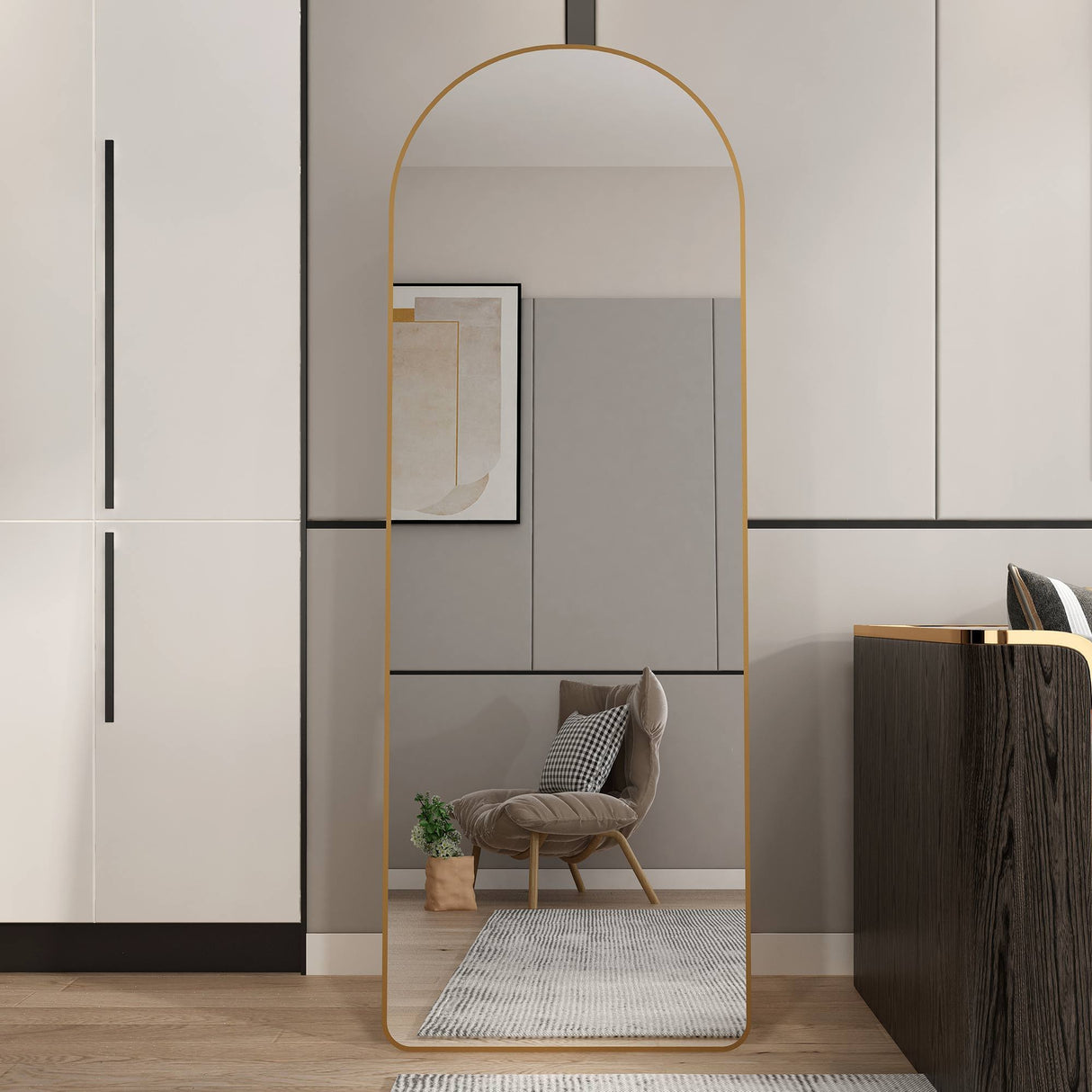 Modern Aluminum Alloy Metal Frame Arched Floor Mirror