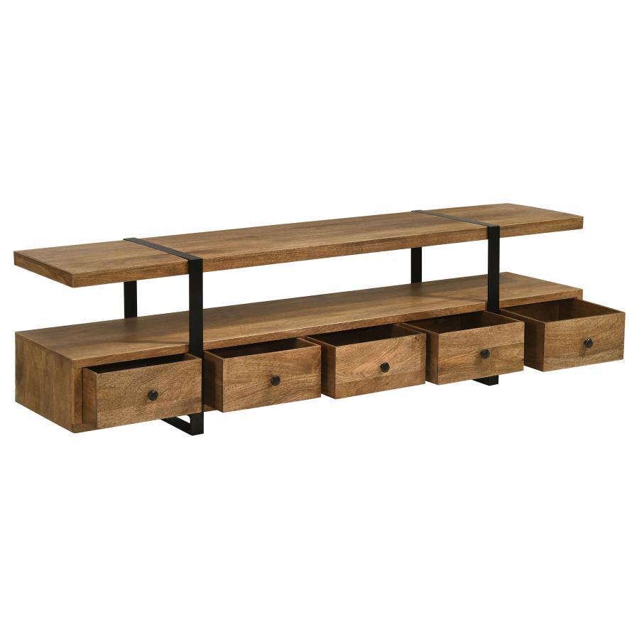 Otto 5-Drawer Mango Wood TV Stand Media Console in Brown with Gunmetal Legs, Floating Shelf, Contemporary Storage for TVs up to 75", Modern Living Room