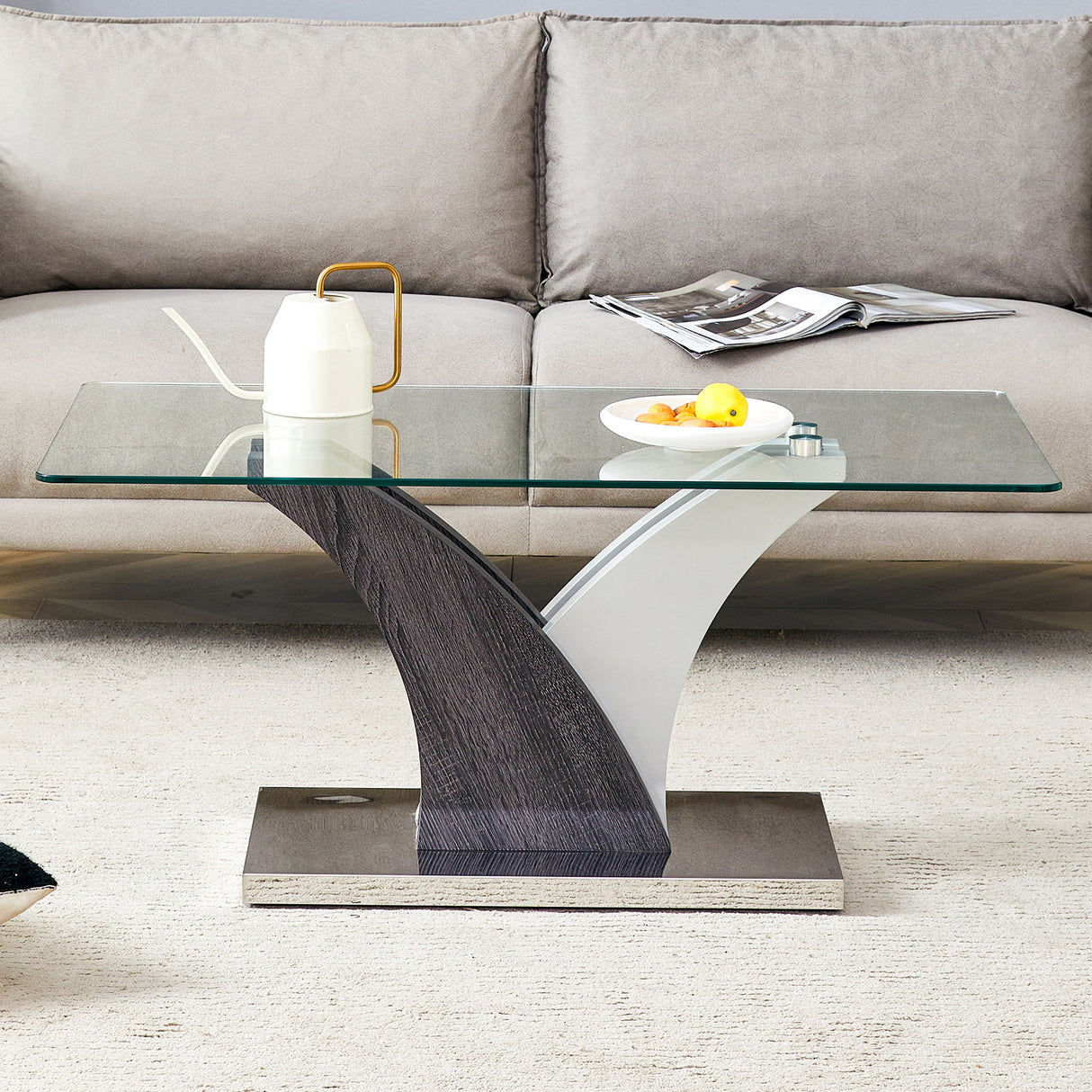 Artistic Rectangular Coffee Table With Tempered Glass Countertop
