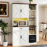 Farmhouse Kitchen Pantry Sideboard With Cabinet And Drawer, Multi Functional Kitchen Buffet With Hutch And Glass Holder, Microwave Stand With Charging Station - Brown / Antique White