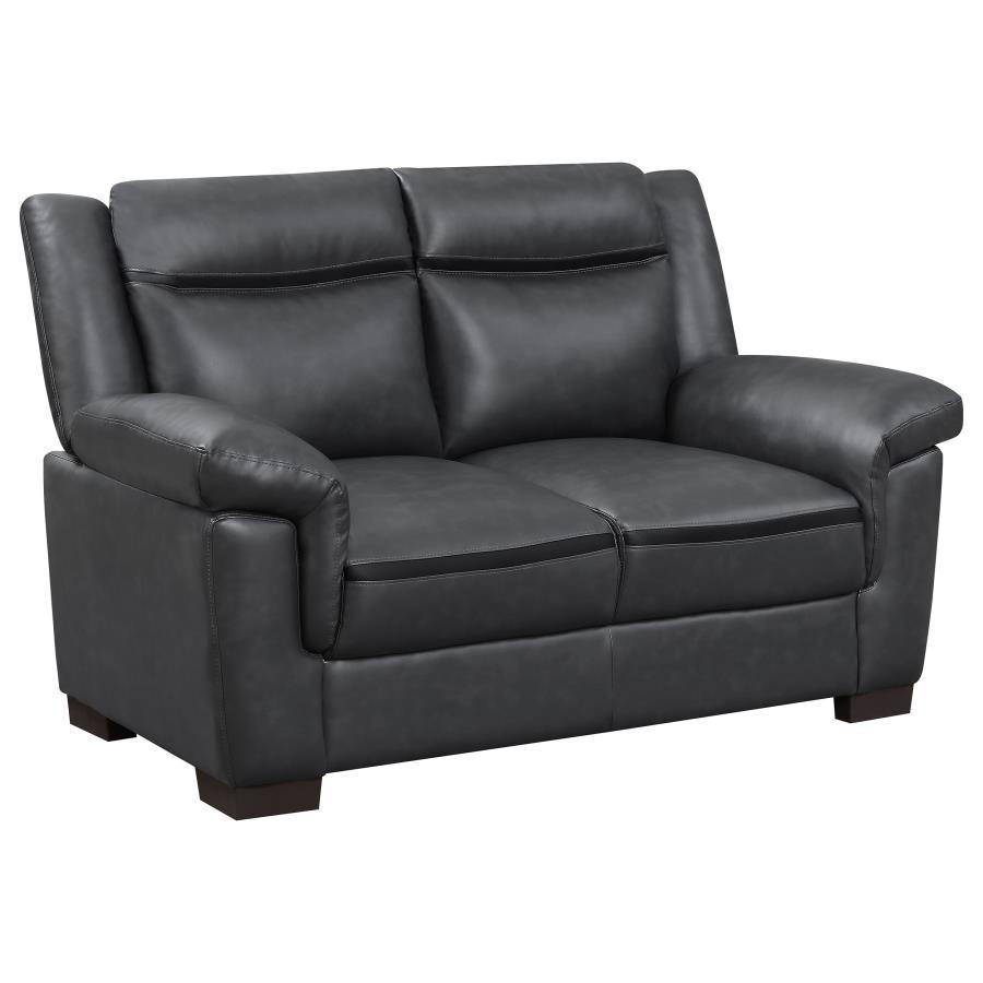 Arabella Upholstered Padded Arm Loveseat – Modern Gray Faux Leather Living Room Seating with Contrasting Stitching and Cozy Cushioned Comfort