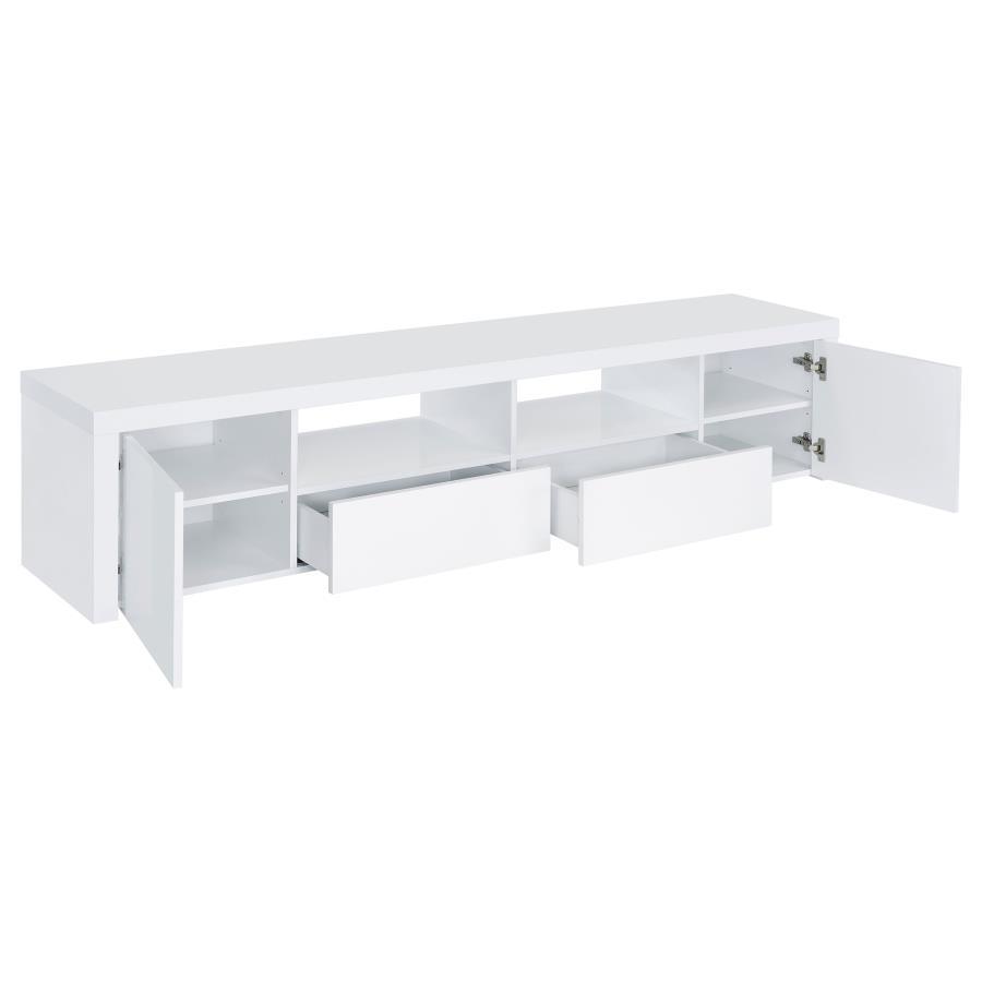 Jude 2 Door Engineered Wood TV Stand with High Gloss White Finish, Open Shelves & Soft-Close Drawers – Modern Media Console for Living Room Storage