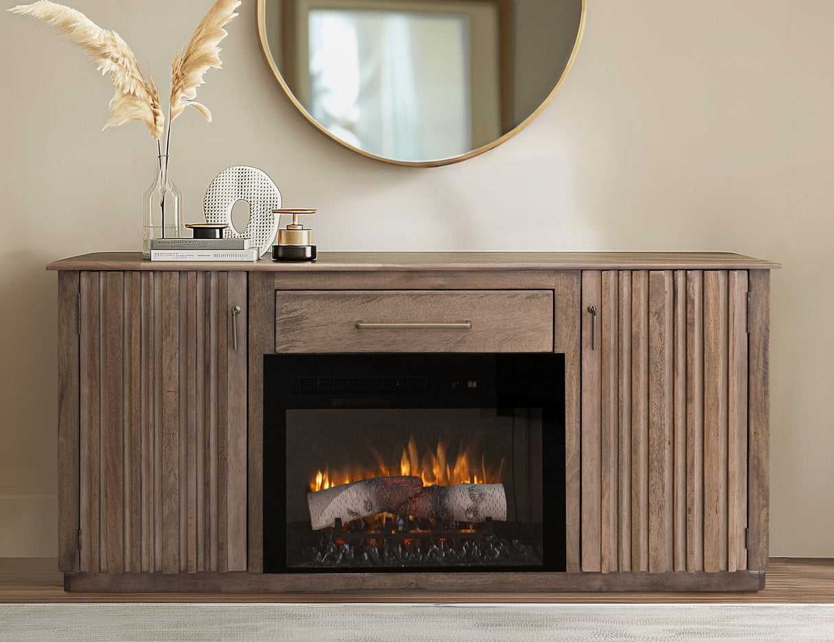Mezquite 1 Drawer 2 Doors Fireplace TV Stand Solid Mango and Melina Wood Mezquite Brown with Electric Fireplace Features