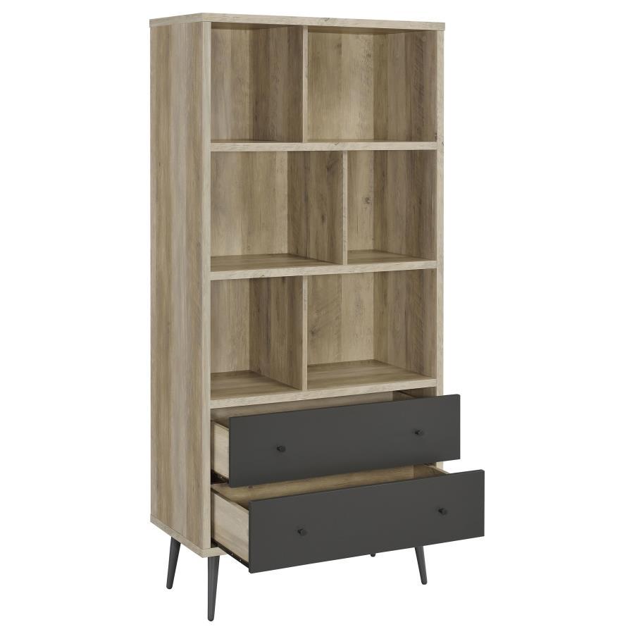 Maeve - 3-Shelf Bookcase with Drawers in Distressed Pine – Scandinavian-Inspired Vertical Storage with Dividers, Drawers, and Tapered Metal Legs