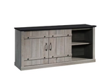 Modern farmhouse TV credenza showing adjustable interior shelves