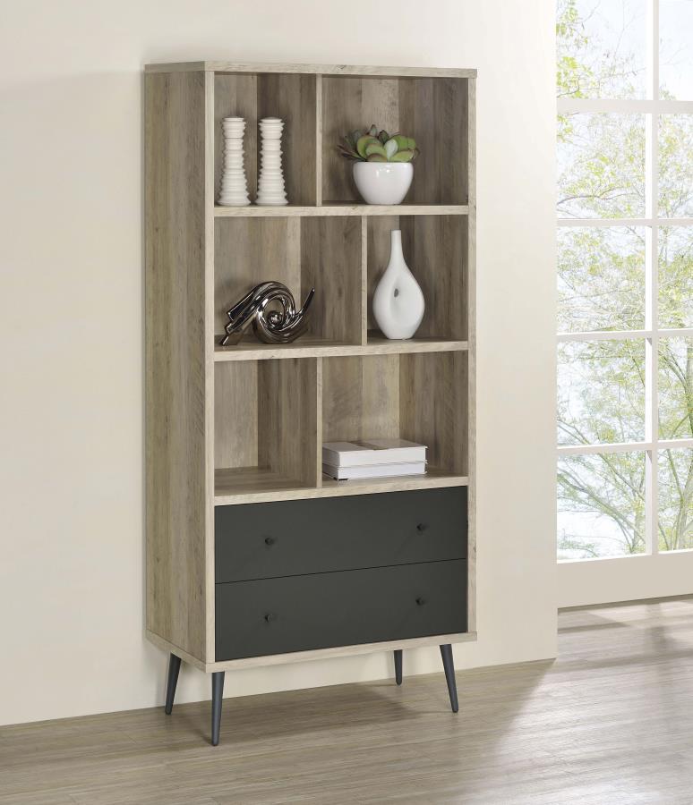 Maeve - 3-Shelf Bookcase with Drawers in Distressed Pine – Scandinavian-Inspired Vertical Storage with Dividers, Drawers, and Tapered Metal Legs