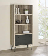Maeve - 3-Shelf Bookcase with Drawers in Distressed Pine – Scandinavian-Inspired Vertical Storage with Dividers, Drawers, and Tapered Metal Legs