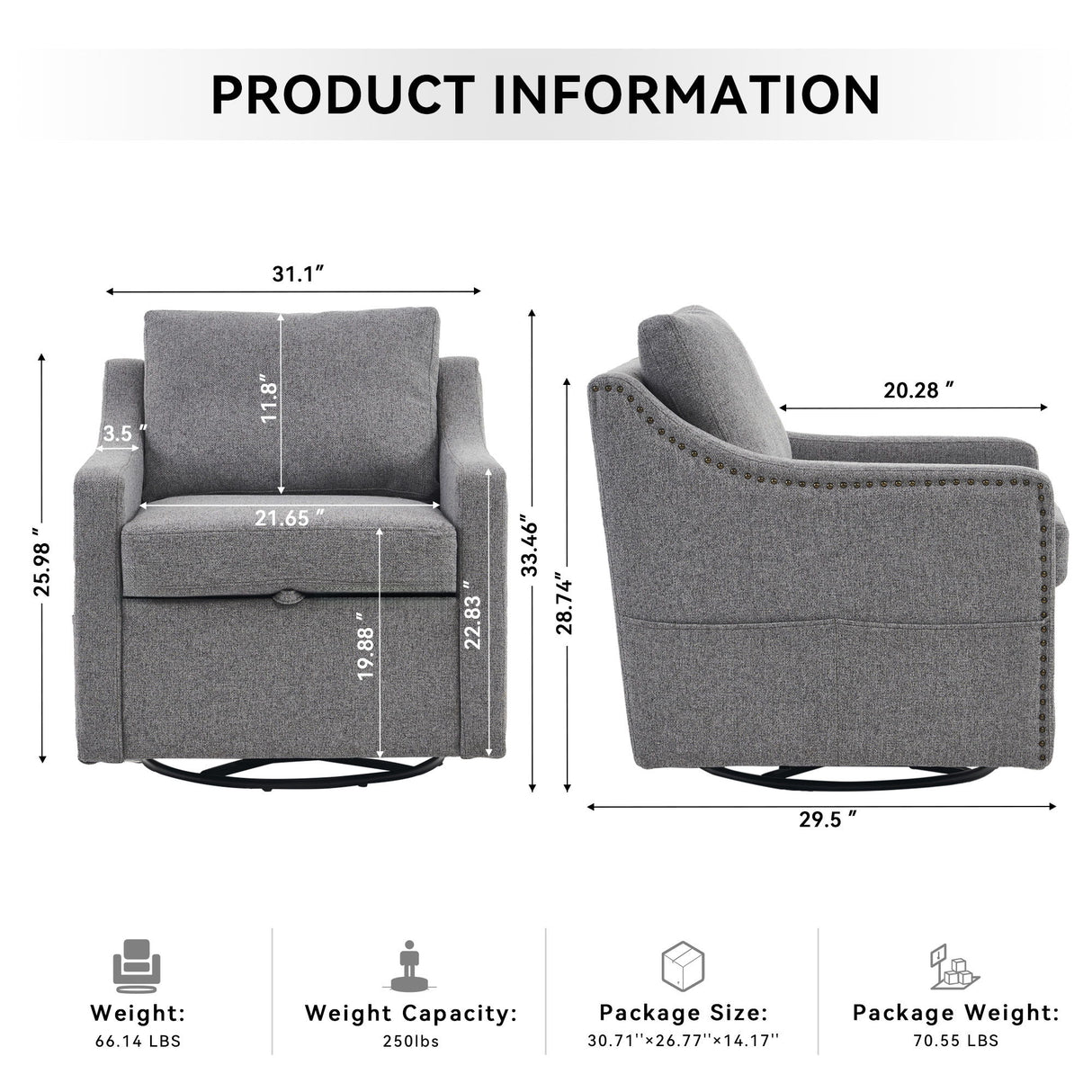 Linen Fabric 360° Swivel Accent Chair With Upholstered Back Pillow And Rivet Armrest